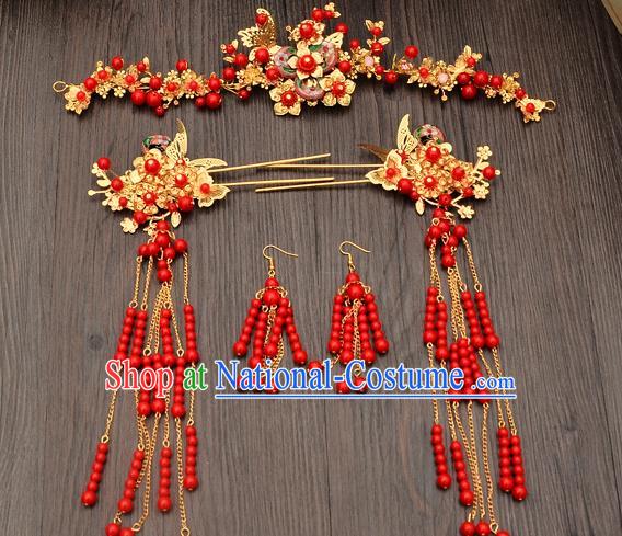 Traditional Handmade Chinese Ancient Wedding Hair Accessories Xiuhe Suit Red Beads Phoenix Coronet Complete Set, Bride Tassel Step Shake Hanfu Hairpins Hair Sticks Hair Jewellery for Women