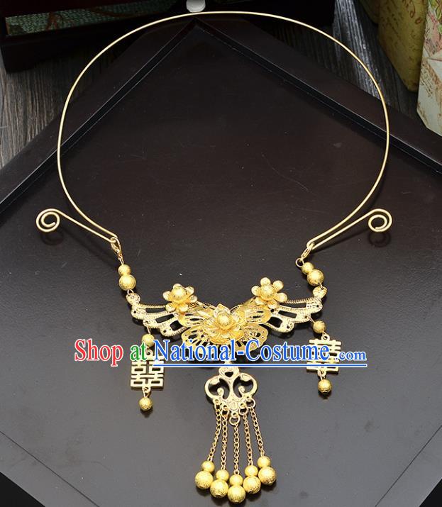 Top Grade Handmade Chinese Classical Jewelry Accessories Xiuhe Suit Wedding Golden Tassel Necklace Bride Hanfu Necklet for Women