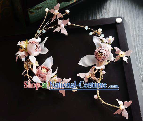 Top Grade Handmade Chinese Classical Hair Accessories Princess Wedding Pink Flower Hair Clasp Hair Stick Headband Bride Headwear for Women