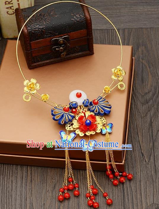 Top Grade Handmade Chinese Classical Jewelry Accessories Xiuhe Suit Wedding Blueing Butterfly Tassel Necklace Bride Hanfu Necklet for Women