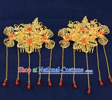 Traditional Handmade Chinese Ancient Wedding Hair Accessories Xiuhe Suit Tassel Hairpins Golden Hair Stick, Bride Step Shake Hanfu Hair Fascinators for Women