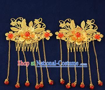 Traditional Handmade Chinese Ancient Wedding Hair Accessories Xiuhe Suit Tassel Hairpins Golden Hair Stick, Bride Step Shake Hanfu Hair Fascinators for Women