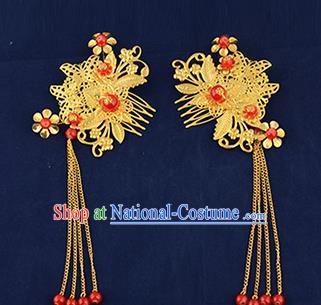 Traditional Handmade Chinese Ancient Wedding Hair Accessories Xiuhe Suit Tassel Hairpins Golden Hair Comb, Bride Step Shake Hanfu Hair Fascinators for Women