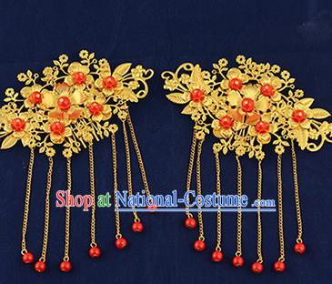 Traditional Handmade Chinese Ancient Wedding Hair Accessories Xiuhe Suit Tassel Hairpins Golden Hair Stick, Bride Step Shake Hanfu Hair Fascinators for Women