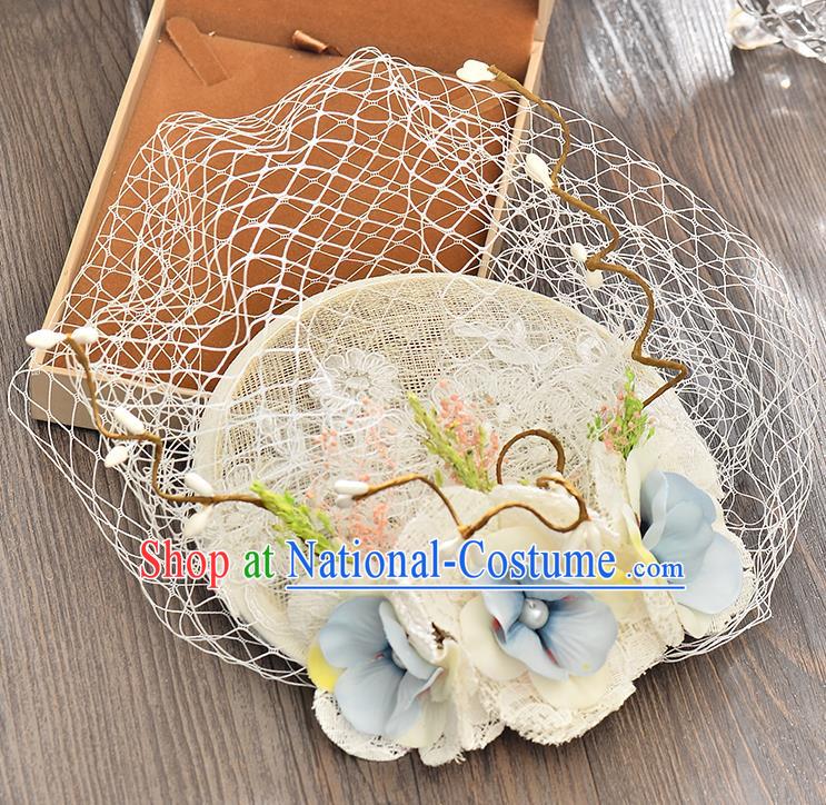 Top Grade Handmade Chinese Classical Hair Accessories Princess Wedding Blue Flower Veil Hat Top Hat Bride Headwear for Women