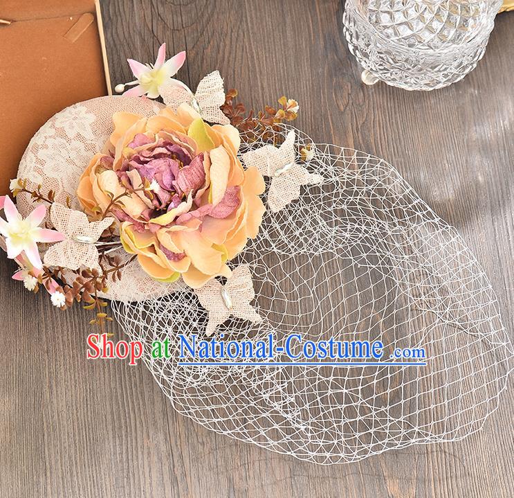 Top Grade Handmade Chinese Classical Hair Accessories Princess Wedding Pink Flower Veil Hat Top Hat Bride Headwear for Women