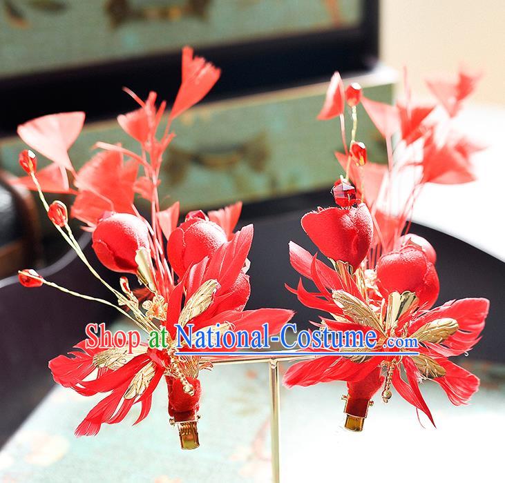 Top Grade Handmade Chinese Classical Hair Accessories Princess Wedding Red Feather Hair Claw Hair Stick Bride Headwear for Women