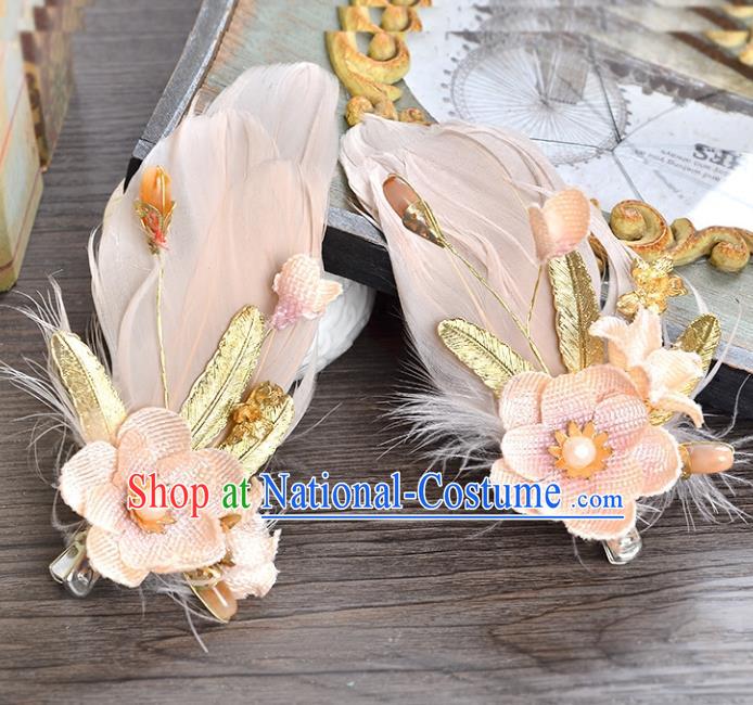 Top Grade Handmade Chinese Classical Hair Accessories Princess Wedding Pink Feather Flower Hair Claw Hair Stick Bride Headwear for Women