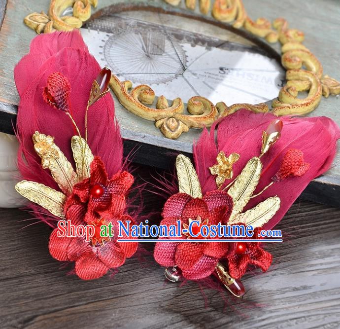 Top Grade Handmade Chinese Classical Hair Accessories Princess Wedding Red Feather Flower Hair Claw Hair Stick Bride Headwear for Women