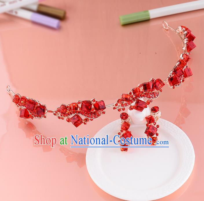 Top Grade Handmade Chinese Classical Hair Accessories Princess Wedding Red Crystal Hair Clasp and Earrings Hair Stick Bride Headwear for Women