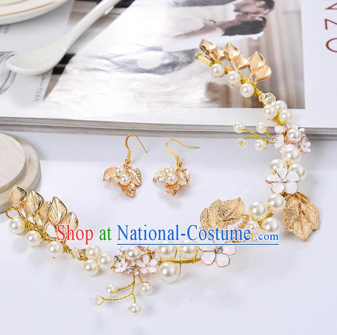 Top Grade Handmade Chinese Classical Jewelry Accessories Queen Wedding Golden Leaf Pearls Necklace and Earrings Bride Eardrop for Women