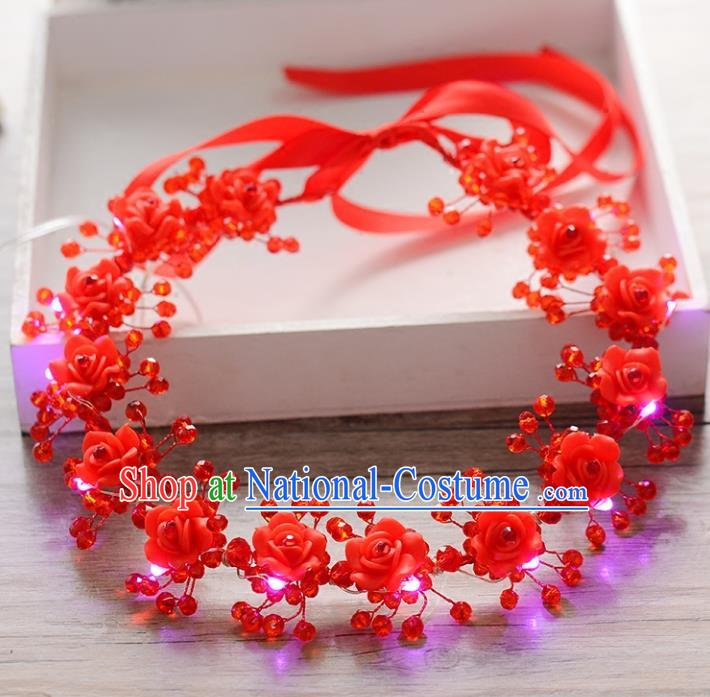 Top Grade Handmade Chinese Classical Hair Accessories Princess Wedding Polymer Clay Red Flowers Shiny Hair Clasp Headband Bride Headwear for Women