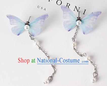 Top Grade Handmade Chinese Classical Jewelry Accessories Xiuhe Suit Wedding Blue Butterfly Tassel Earrings Bride Hanfu Eardrop for Women