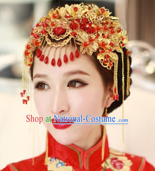 Traditional Handmade Chinese Ancient Wedding Hair Accessories Xiuhe Suit Tassel Phoenix Coronet, Bride Step Shake Hanfu Hair Fascinators for Women