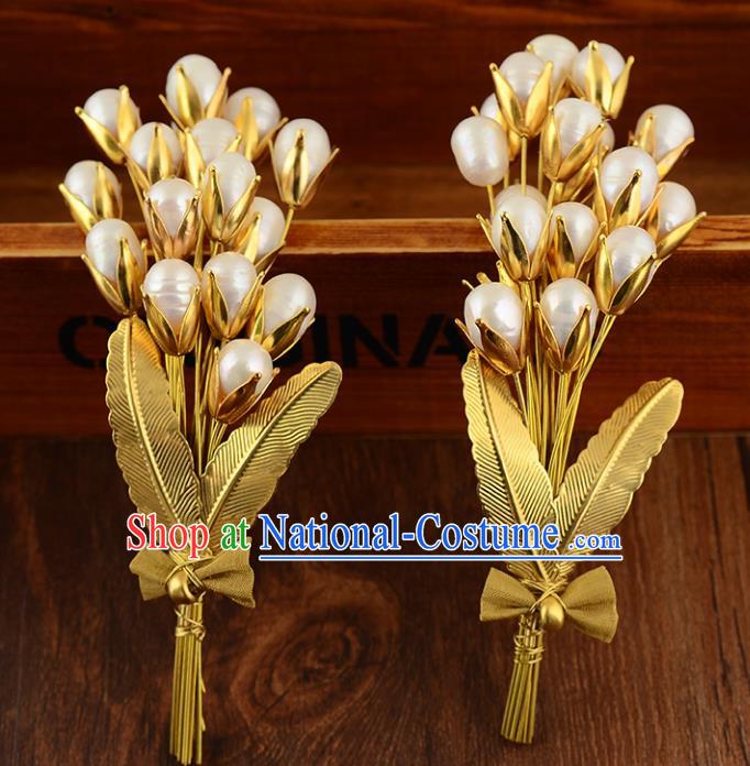 Top Grade Handmade Chinese Classical Hair Accessories Princess Wedding Pearls Golden Hair Claw Hair Stick Bride Headwear for Women