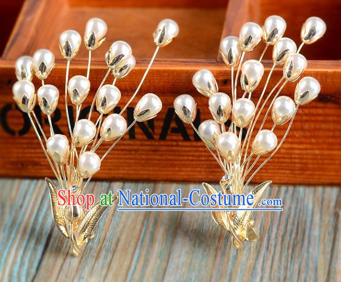 Top Grade Handmade Chinese Classical Hair Accessories Princess Wedding Pearls Golden Hair Claw Hair Stick Bride Headwear for Women