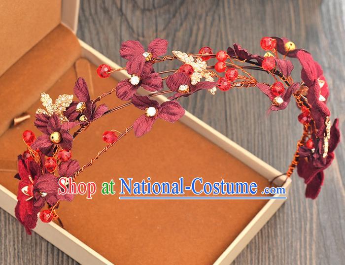 Top Grade Handmade Chinese Classical Hair Accessories Princess Wedding Wine Red Flowers Hair Clasp Hair Stick Bride Headwear for Women