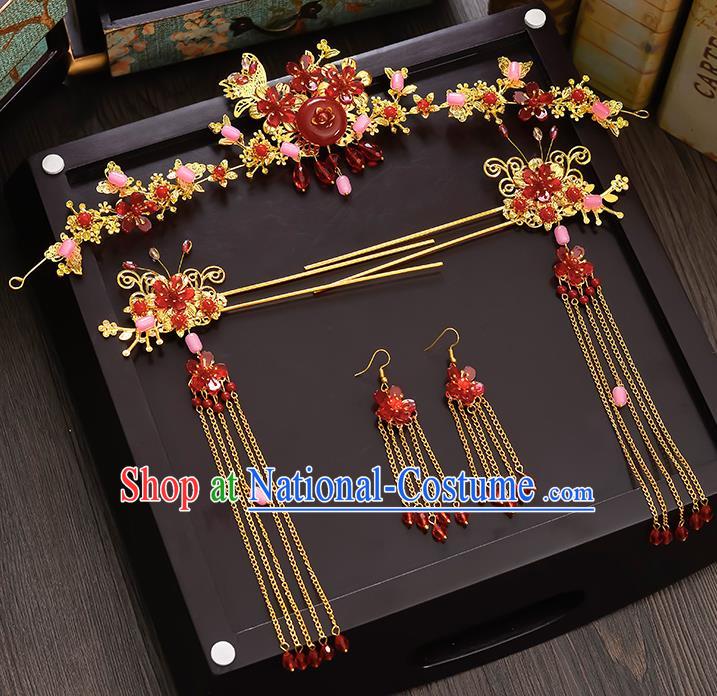 Traditional Handmade Chinese Ancient Wedding Hair Accessories Xiuhe Suit Red Phoenix Coronet Complete Set, Bride Tassel Step Shake Hanfu Hairpins Hair Sticks Hair Jewellery for Women