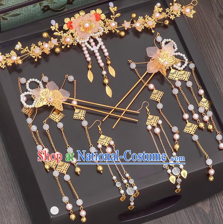 Traditional Handmade Chinese Ancient Wedding Hair Accessories Xiuhe Suit Hairpins Complete Set, Bride Tassel Step Shake Hanfu Hair Sticks Hair Comb for Women