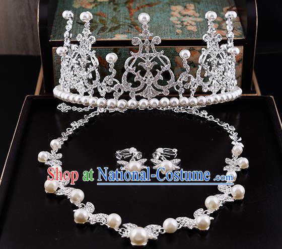 Top Grade Handmade Chinese Classical Jewelry Accessories Queen Wedding Crystal Pearls Royal Crown Necklace and Earrings Bride Headgear for Women