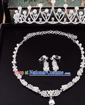 Top Grade Handmade Chinese Classical Jewelry Accessories Queen Wedding Crystal Flower Pearls Royal Crown Necklace and Earrings Bride Headgear for Women