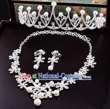 Top Grade Handmade Chinese Classical Jewelry Accessories Queen Wedding Crystal Flower Pearls Royal Crown Necklace and Earrings Bride Headgear for Women