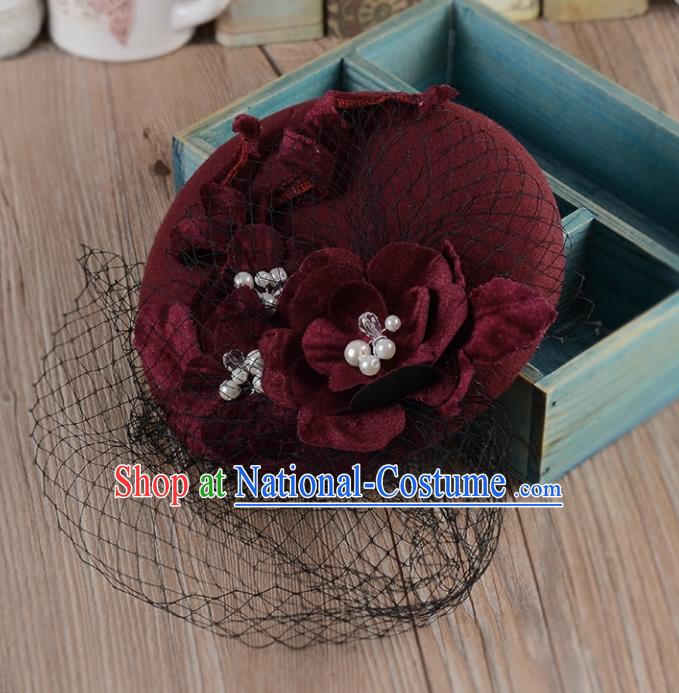 Top Grade Handmade Chinese Classical Hair Accessories Princess Wedding Wine Red Veil Hat Top Hat Bride Headwear for Women