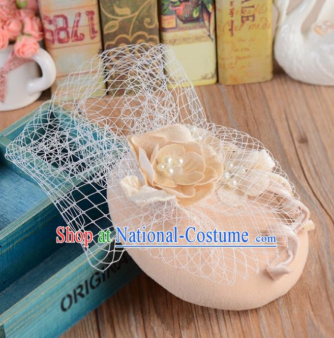 Top Grade Handmade Chinese Classical Hair Accessories Princess Wedding Pink Veil Hat Top Hat Bride Headwear for Women