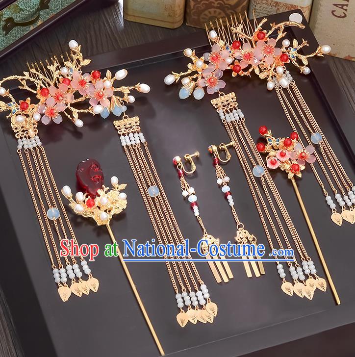 Traditional Handmade Chinese Ancient Wedding Hair Accessories Xiuhe Suit Phoenix Coronet Complete Set, Bride Tassel Step Shake Hanfu Hairpins Hair Sticks Hair Jewellery for Women