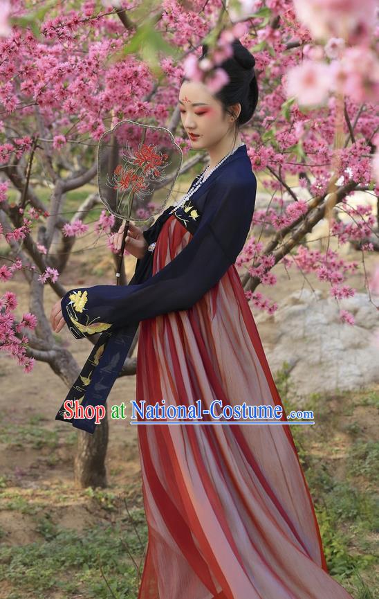 Traditional Ancient Chinese Costume Tang Dynasty Imperial Concubine Embroidery Butterfly Blouse and Slip Skirt, Elegant Hanfu Clothing Chinese Imperial Consort Costume for Women