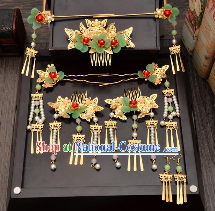 Traditional Handmade Chinese Ancient Wedding Hair Accessories Xiuhe Suit Green Flower Hairpins Complete Set, Bride Beads Tassel Step Shake Hanfu Hair Sticks Hair Comb for Women