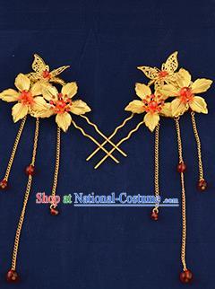 Traditional Handmade Chinese Ancient Wedding Hair Accessories Xiuhe Suit Golden Flower Hairpins, Bride Tassel Step Shake Hanfu Hair Sticks Hair Fascinators for Women