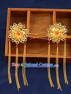 Traditional Handmade Chinese Ancient Wedding Hair Accessories Xiuhe Suit Golden Hairpins, Bride Tassel Step Shake Hanfu Hair Sticks Hair Fascinators for Women