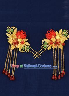 Traditional Handmade Chinese Ancient Wedding Hair Accessories Xiuhe Suit Golden Tassel Hairpins, Bride Step Shake Hanfu Hair Sticks Hair Fascinators for Women