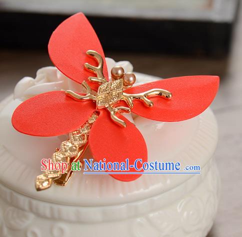 Top Grade Handmade Chinese Classical Hair Accessories Princess Wedding Red Dragonfly Hair Stick Hair Claw Bride Headwear for Women