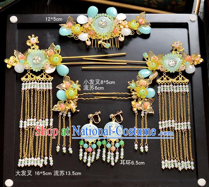 Traditional Handmade Chinese Ancient Wedding Hair Accessories Xiuhe Suit Jade Hair Comb Complete Set, Bride Palace Lady Step Shake Hanfu Hairpins for Women