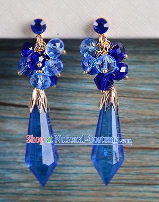 Top Grade Handmade Chinese Classical Jewelry Accessories Wedding Blue Crystal Tassel Earrings Bride Hanfu Eardrop for Women