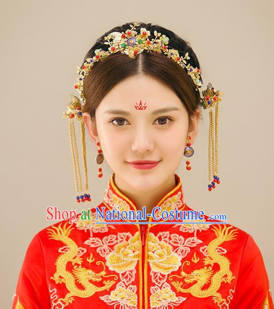 Traditional Handmade Chinese Ancient Wedding Hair Accessories Xiuhe Suit Butterfly Hair Clasp Complete Set, Bride Palace Lady Step Shake Hanfu Hairpins for Women