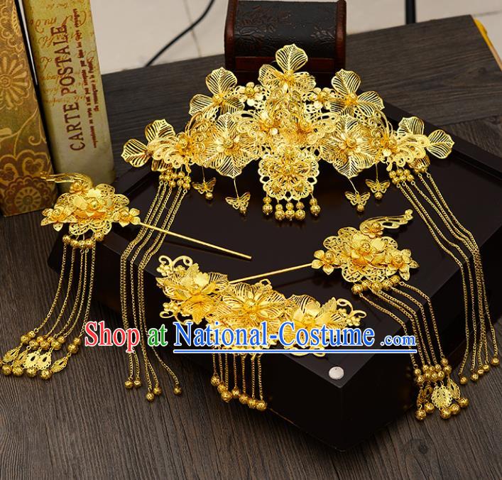 Traditional Handmade Chinese Ancient Wedding Hair Accessories Xiuhe Suit Golden Forehead Ornament Complete Set, Bride Palace Lady Step Shake Hanfu Hairpins for Women