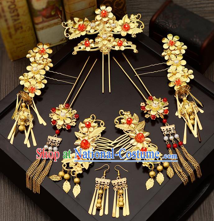 Traditional Handmade Chinese Ancient Wedding Hair Accessories Complete Set Xiuhe Suit Tassel Phoenix Coronet, Bride Palace Lady Step Shake Hanfu Hairpins for Women