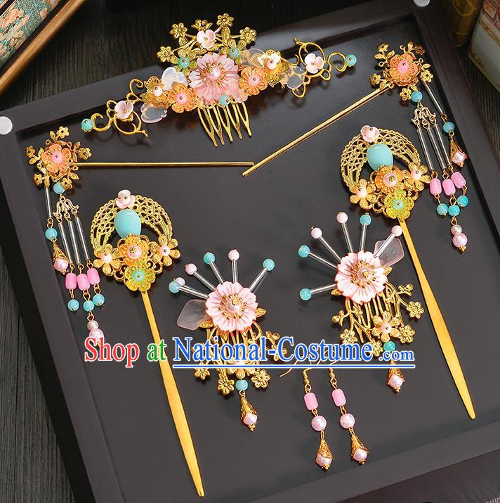 Traditional Handmade Chinese Ancient Costume Wedding Xiuhe Suit Hair Accessories Pink Shell Flowers Tassel Hairpins, Bride Palace Lady Step Shake Hanfu Hairpins for Women