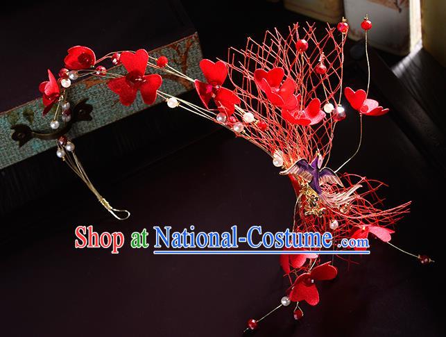 Top Grade Handmade Chinese Classical Hair Accessories Princess Wedding Baroque Red Silk Flowers Veil Hair Clasp Bride Headband Headwear for Women