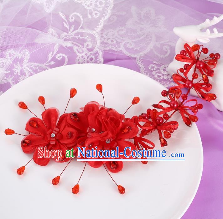 Top Grade Handmade Chinese Classical Hair Accessories Princess Wedding Xiuhe Suit Red Flowers Hair Stick Bride Headband Headwear for Women