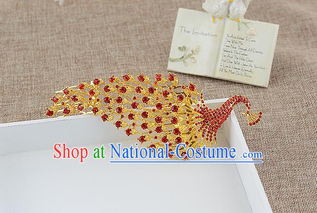 Top Grade Handmade Hair Accessories Baroque Luxury Red Crystal Peacock Hair Stick, Bride Wedding Hair Kether Jewellery Princess Imperial Crown for Women