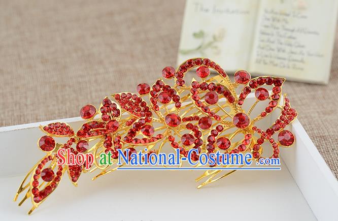 Top Grade Handmade Hair Accessories Baroque Luxury Red Crystal Butterfly Hair Comb, Bride Wedding Hair Kether Jewellery Princess Imperial Crown for Women