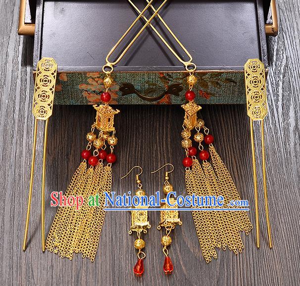 Traditional Handmade Chinese Ancient Wedding Hair Accessories Complete Set Xiuhe Suit Tassel Hairpins, Bride Palace Lady Step Shake Hanfu Hair Stick for Women