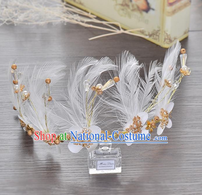 Top Grade Handmade Chinese Classical Hair Accessories Princess Wedding Baroque White Feather Hair Clasp Bride Headband Royal Crown for Women