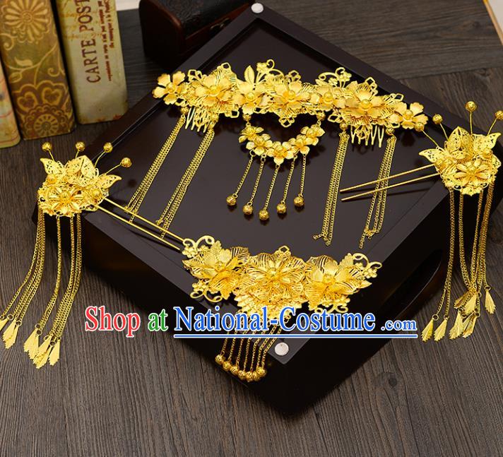 Traditional Handmade Chinese Ancient Costume Wedding Xiuhe Suit Hair Accessories Complete Set Golden Phoenix Coronet, Bride Palace Lady Green Tassel Step Shake Hanfu Hairpins for Women