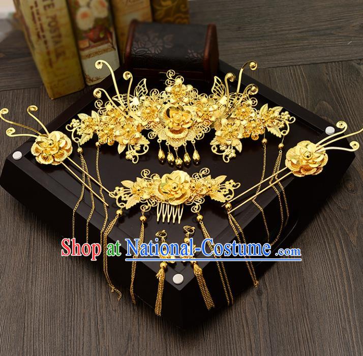 Traditional Handmade Chinese Ancient Costume Wedding Xiuhe Suit Hair Accessories Complete Set Golden Butterfly Phoenix Coronet, Bride Palace Lady Tassel Step Shake Hanfu Hairpins for Women