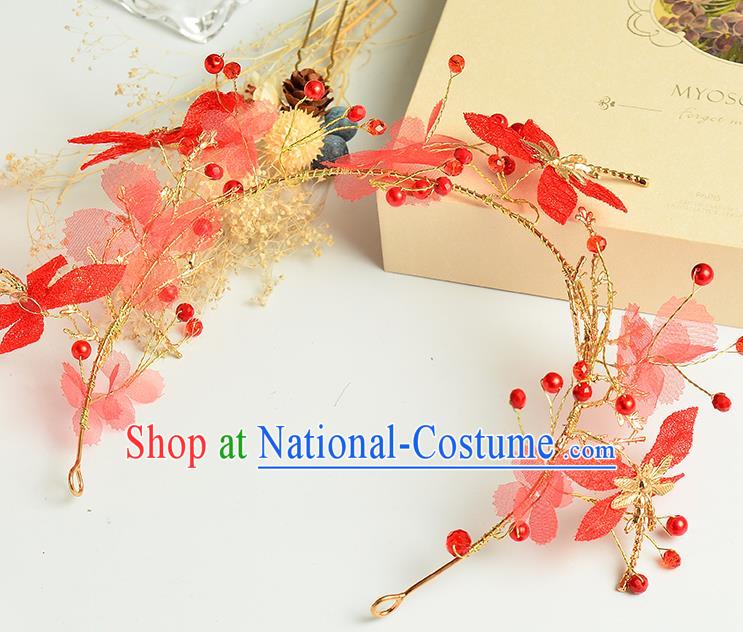 Top Grade Handmade Chinese Classical Hair Accessories Princess Wedding Baroque Red Flowers Dragonfly Hair Clasp Bride Headband for Women